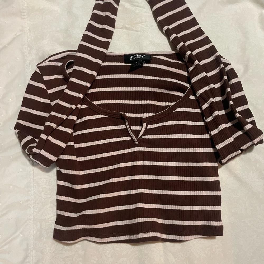 Brown and White Striped Women's Top